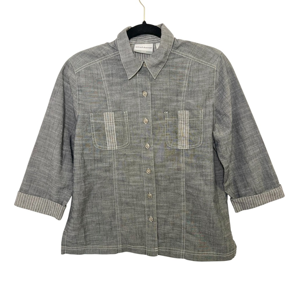 Alfred Dunner‎ Womens Gray Button Down 3/4 Sleeve Pocketed Shirt Size 8P